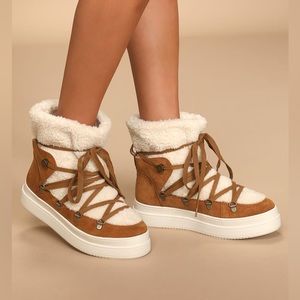 J/Slides Newbie Tan Suede Leather Faux Fur Platform Boot; Women’s 7.5; snowbunny